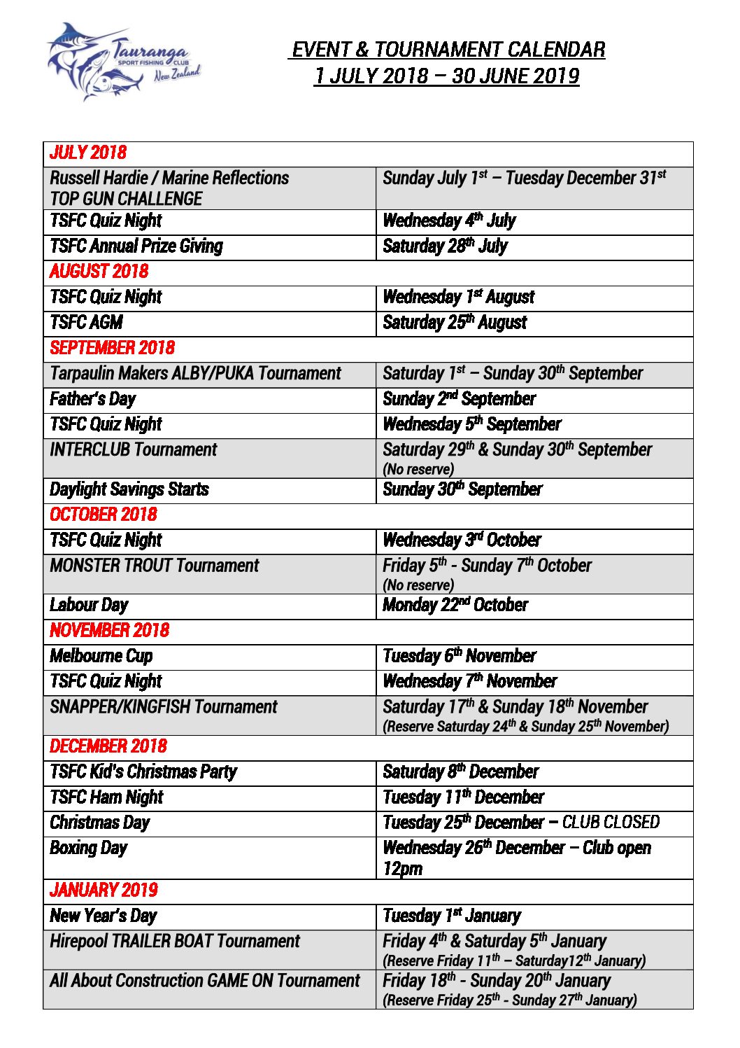 events tournaments calendar tauranga sport fishing club free weekly calendar printable 2019