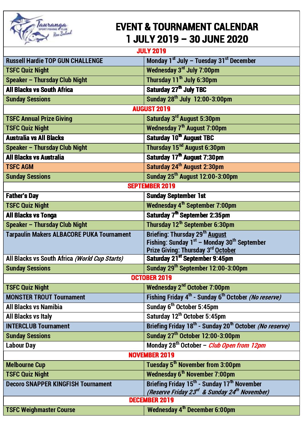 Events &amp; Tournaments Calendar - Tauranga Sport Fishing Club